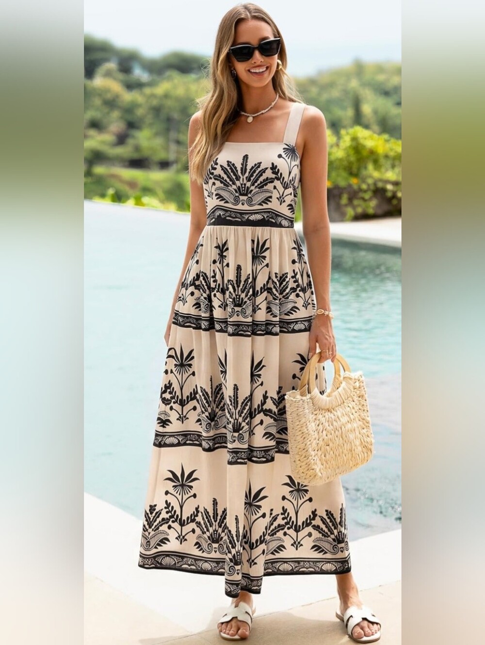 NWT Boho Floral Maxi Dress Large Square Neck Sleeveless Pockets